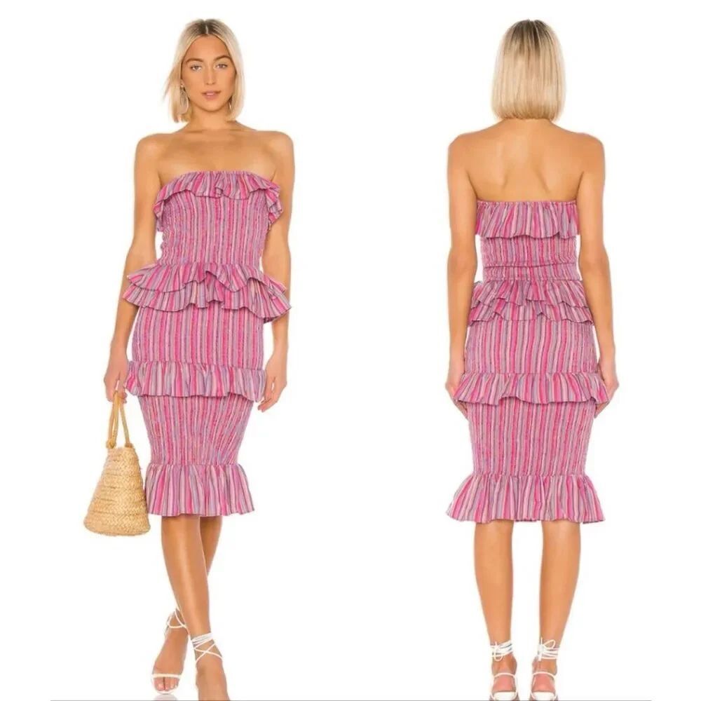 Tularosa Bailee cotton Strapless Dress allover smocking ruffled tiered size S